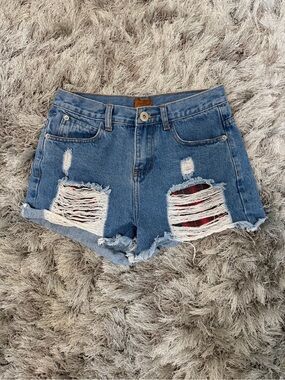 POL Blue Distressed Jean Shorts with Red Plaid Peek